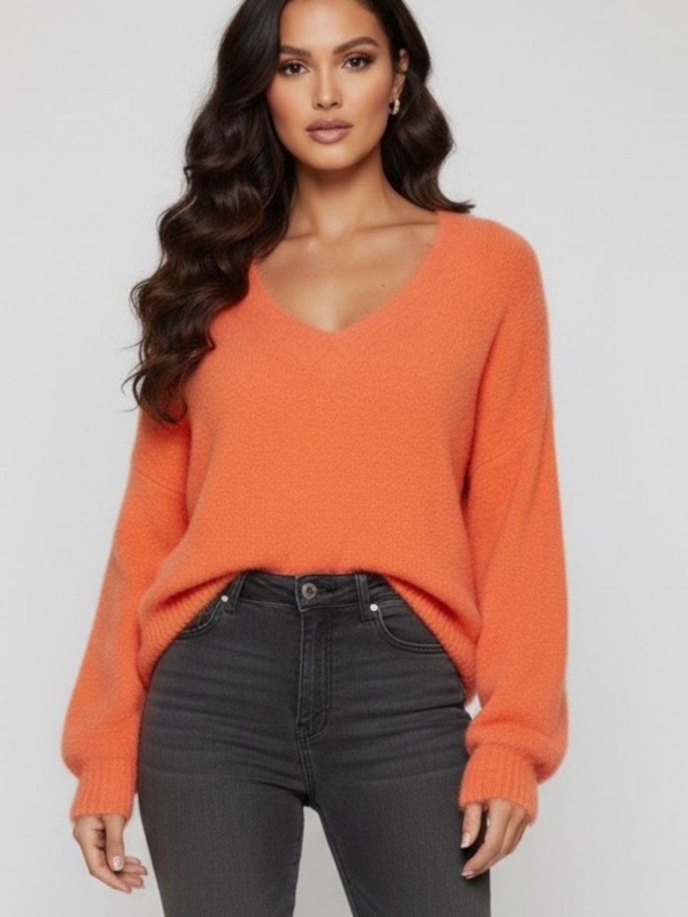 Freshman Vibrant Orange Fuzzy V-Neck Sweater